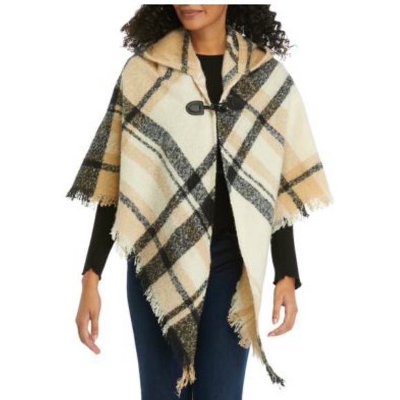 Vince Camuto Elegant Hooded Plaid Topper/Poncho Black/Ivory One Size NWOT - Picture 1 of 11